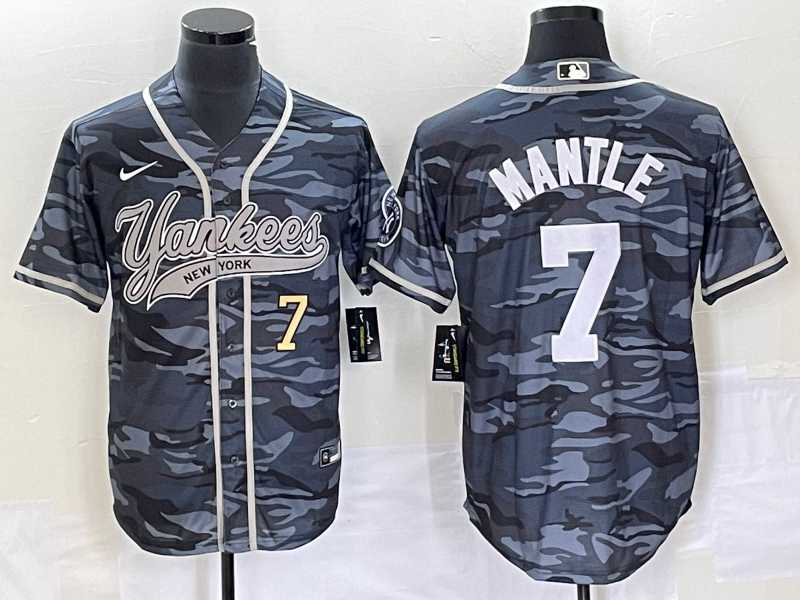 Mens New York Yankees #7 Mickey Mantle Number Grey Camo Cool Base With Patch Stitched Baseball Jersey